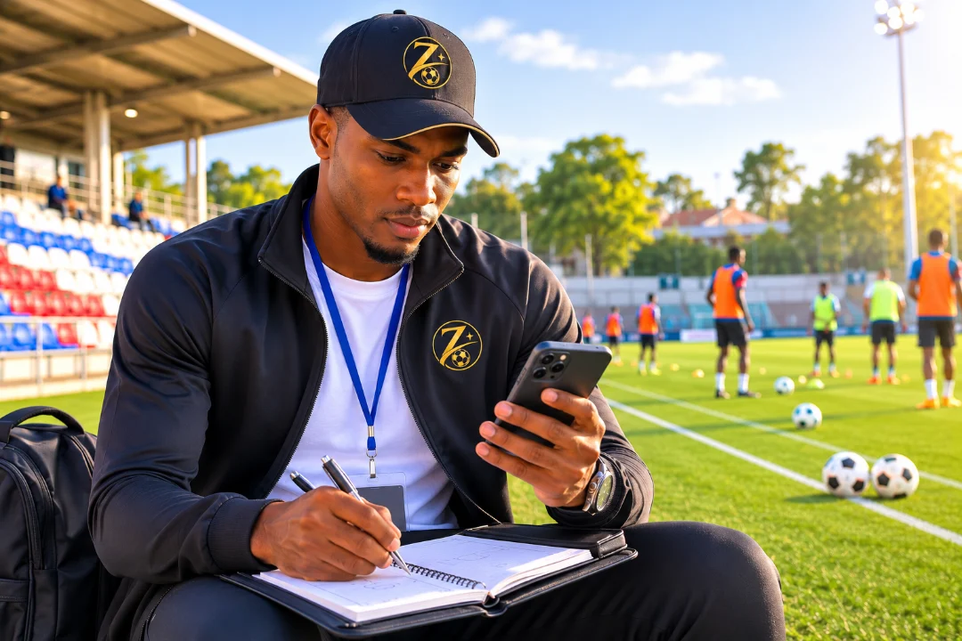 Jeune professionnel du football consultant un contenu de formation sur son téléphone au bord d'un terrain.