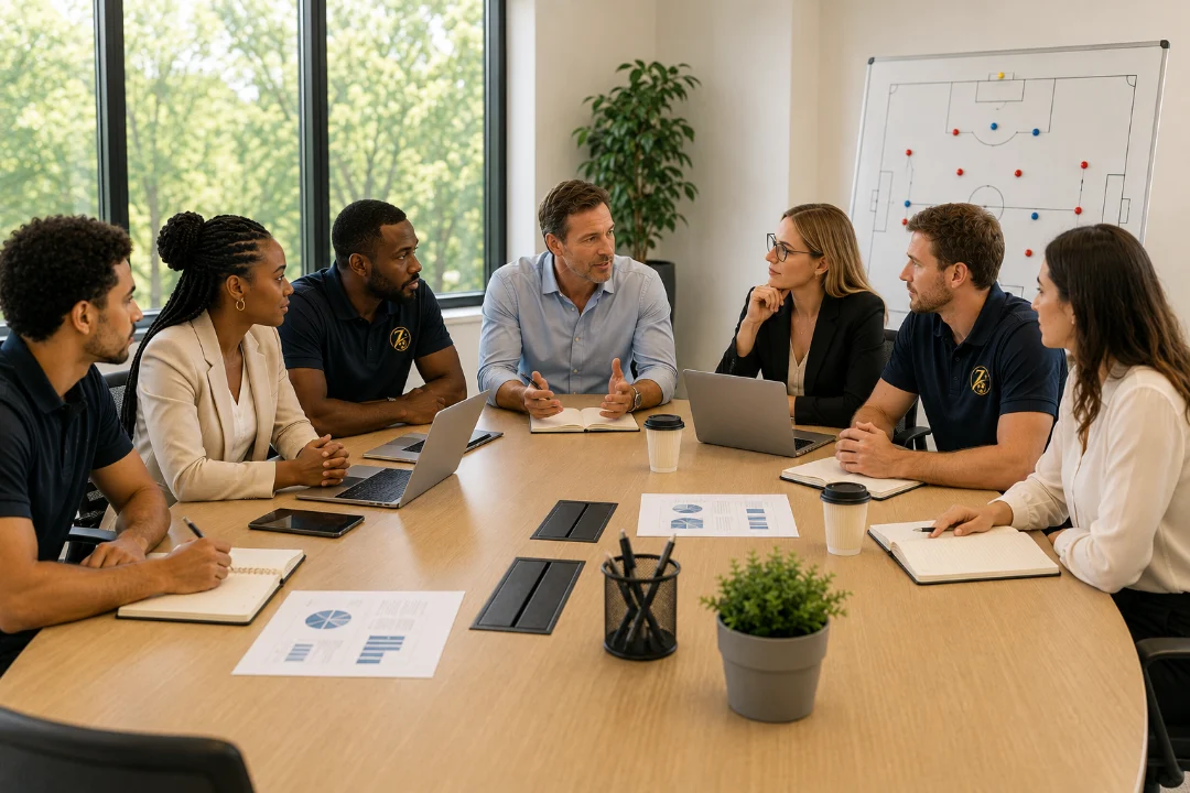 Groupe diversifié de responsables sportifs en atelier de travail.